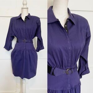 1980s Long Sleeve Purple Cotton Belted Dress by All That Jazz, 26" Waist